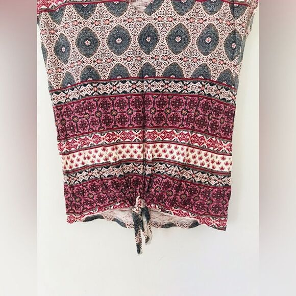 LUCKY BRAND Medallion Tie Front Tee Cream Burgundy Floral Print Cap Sleeve Boho - Picture 5 of 6